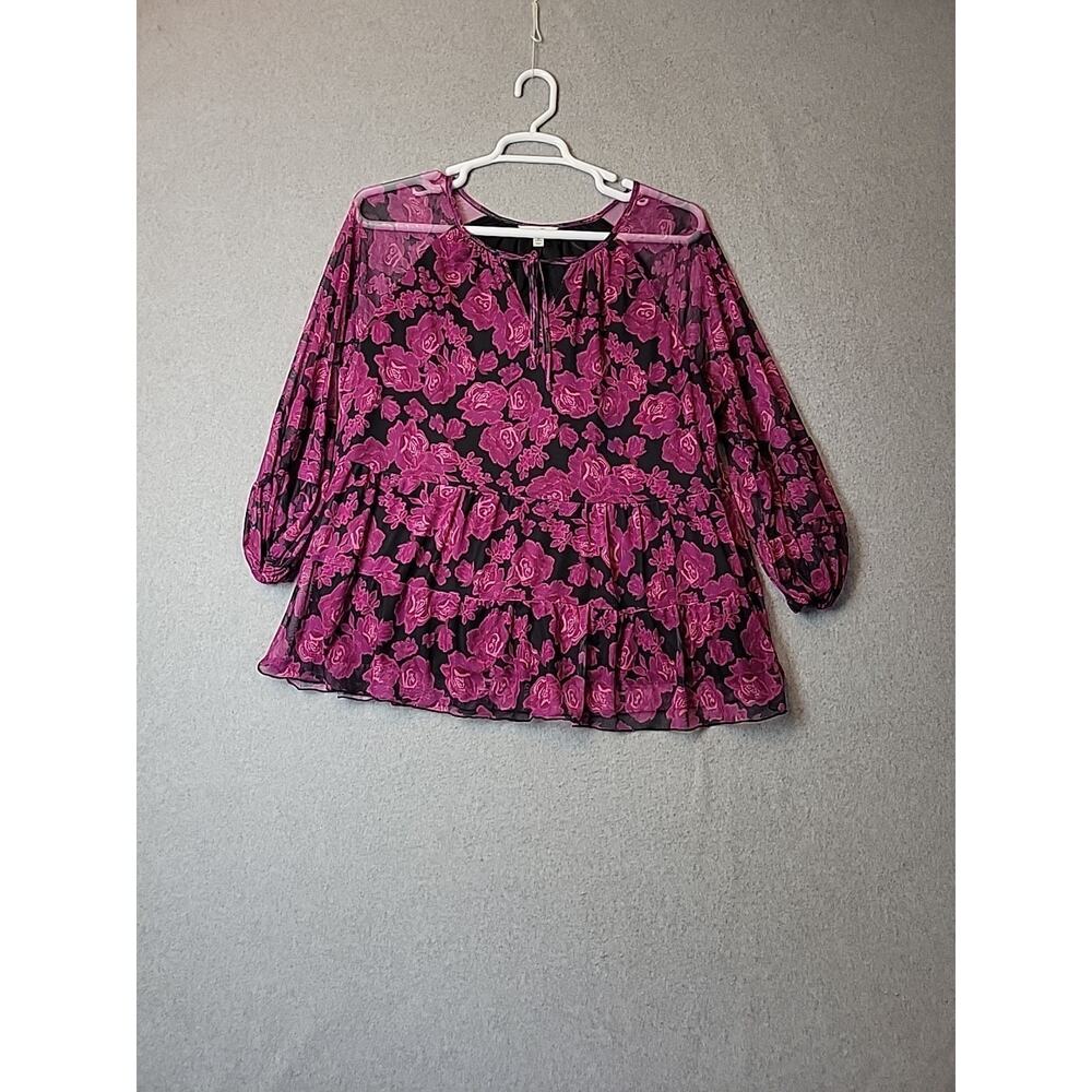 Terra & Sky Black Wine Roses LS Tie Neck Babydoll Top Women's Plus 1X Stretch